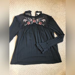 Flowy high-neck blouse top with embroidered flowers
